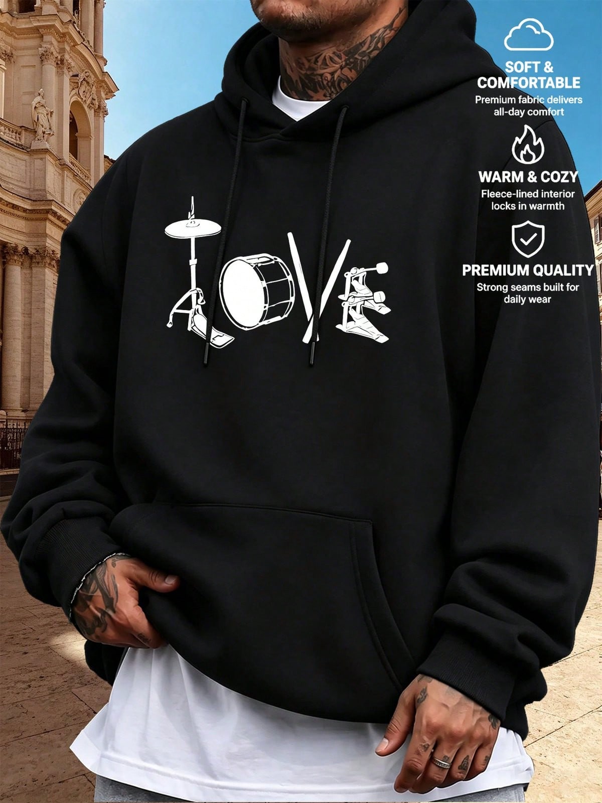 Musical Instrument Four Letters - Men Music‑Themed Hooded Sweatshirt, Creative Love