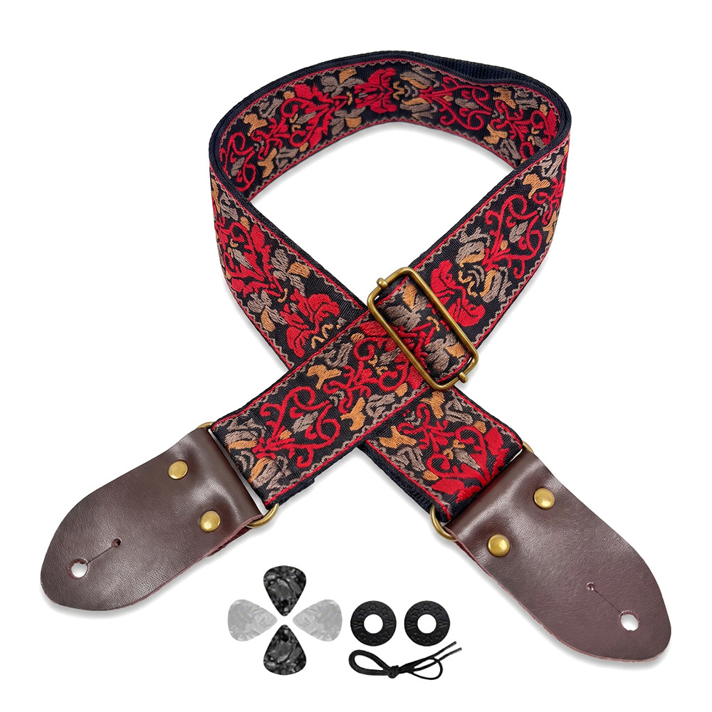 Musical Instrument Bass - Embroidered Print Guitar Strap Vintage Ethnic